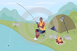 Catching fish in pond flat color vector illustration