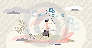 Catching likes vector illustration. Thumbs up in flat tiny persons concept.