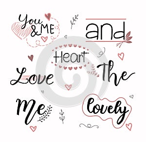 Catchwords Collection Romantic with Handwritten font. Prepositions vector set. Illustration catchwords