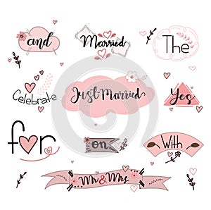 Catchwords Collection Romantic with Handwritten font. Prepositions vector set. Illustration catchwords. I Love You.