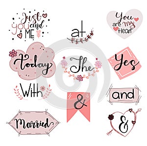 Catchwords Collection Romantic with Handwritten font. Prepositions vector set. Illustration catchwords. I Love You.