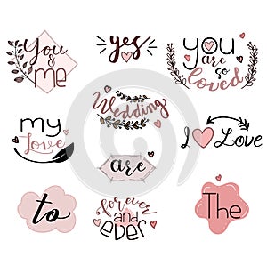 Catchwords Collection Romantic with Handwritten font. Prepositions vector set. Illustration catchwords. I Love You.