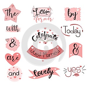 Catchwords Collection Romantic with Handwritten font. Prepositions vector set. Illustration catchwords. I Love You.