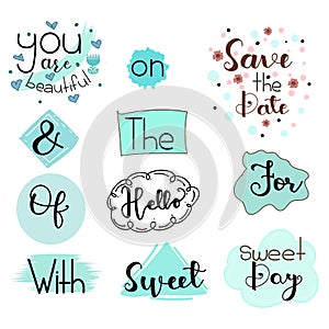 Catchwords Collection Romantic with Handwritten font. Prepositions vector set. Illustration catchwords. I Love You.