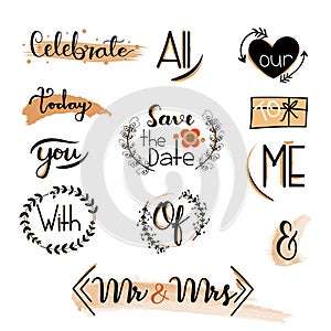 Catchwords Collection Romantic with Handwritten font. Prepositions vector set. Illustration catchwords. I Love You.