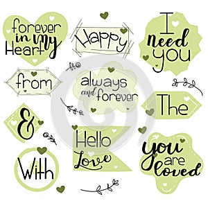 Catchwords Collection Romantic with Handwritten font. Prepositions vector set. Illustration catchwords. I Love You.