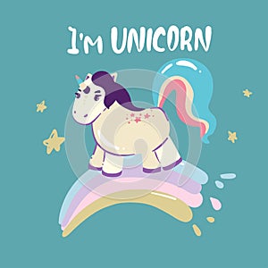 Catcorn. Lovely cartoon cat unicorn face and lettering text on white background. Cute vector for clothing print and