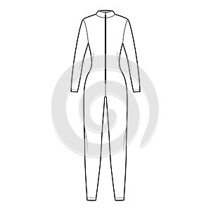 Catcuit Dungaree overall technical fashion illustration with full length, zipper closure, fitted body, long sleeves Flat