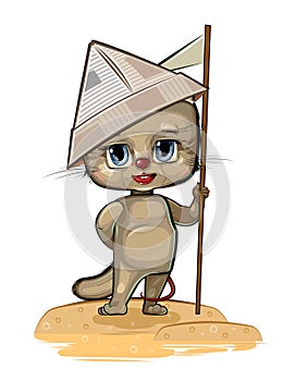 Cate is traveler. Child Game. Look for pirate treasures on island and have fun in sea adventures. Cute baby animal