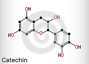 Catechin, epicatechin, flavonoid, C15H14O6 molecule. It is flavanol, a type of natural phenol and antioxidant. Skeletal chemical photo