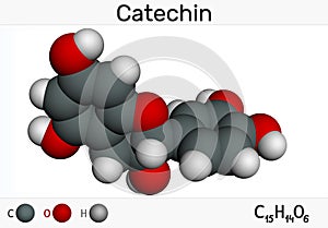 Catechin, flavonoid, C15H14O6 molecule. It is flavanol, a type of natural phenol and antioxidant. Molecular model photo