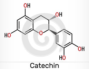 Catechin, flavonoid, C15H14O6 molecule. It is flavanol, a type of natural phenol and antioxidant. Skeletal chemical formula photo