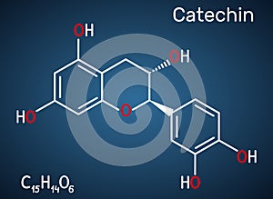 Catechin, flavonoid, C15H14O6 molecule. It is flavanol, a type of natural phenol and antioxidant. Structural chemical formula on photo