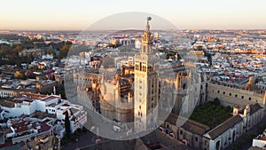 Catedral de Sevilla. Drone shot of the beautiful Spanish city