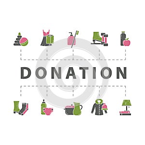 Categories of stuffs to give: food, clothes, baby toys, shoes. Horizontal donation poster. Charity banner with outline icons and