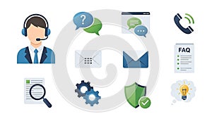 Customer Service and Support Icons Featuring Communication and Assistance Elements Keywords: customer service