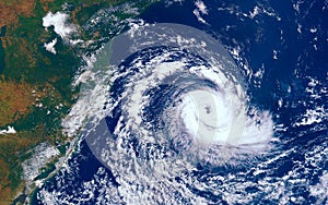 Category 5 super typhoon from outer space view. The eyewall of the hurricane photo