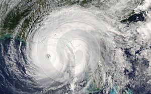 Category 5 super typhoon from outer space view. The eyewall of the hurricane photo