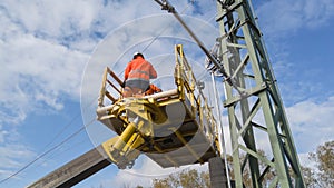 Catenary line fitters working on a tensioning device photo