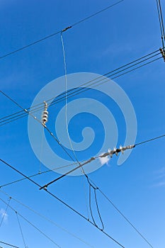 catenary of train under blue sky