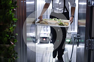 caterer carrying a tray of dishes through an event hall metal detector