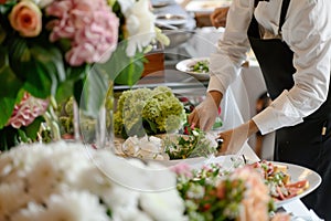 caterer decorating table with fresh flowers