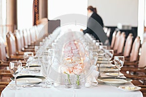 Caterer sets Table. Long Row of Pink Flowers. photo