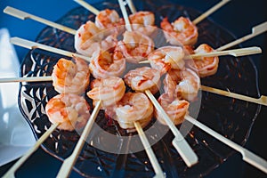 Catering banquet table with different food snacks and appetizers on corporate christmas birthday party event