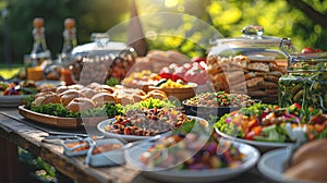 Catering buffet with different food snacks and appetizers in the garden