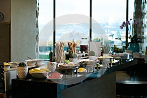 Catering buffet food in hotel restaurant, close-up. Celebration