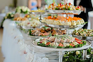 Catering buffet food indoor in luxury restaurant with meat colorful fruits and vegetables