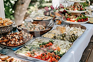 Catering buffet food indoor in luxury restaurant with meat colorful fruits and vegetables