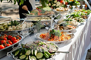 Catering buffet food indoor in luxury restaurant with meat colorful fruits and vegetables