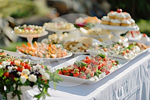 Catering buffet food indoor in luxury restaurant with meat colorful fruits and vegetables