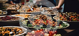 Catering buffet food indoor in restaurant with meat colorful fruits and vegetables. Buffet service for any festive event