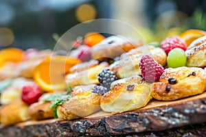 Catering buffet food outdoor. Cakes colorful fresh fruits berries oranges grapes and herb decorations