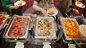 Catering buffet food in restaurant on traditional hindi wedding.