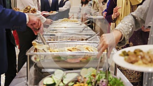 Catering buffet food in restaurant on traditional hindi wedding. Close up shot