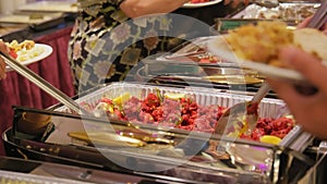 Catering buffet food in restaurant on traditional hindi wedding. Close up shot