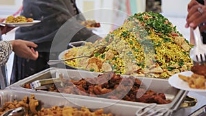 Catering buffet food in restaurant on traditional indian wedding. Close up shot