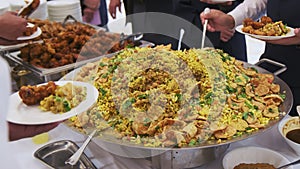 Catering buffet food in restaurant on traditional indian wedding. Close up shot view