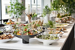 Catering buffet meal on a white long table in a modern restaurant