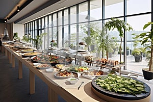 Catering buffet meal on a white long table in a modern restaurant