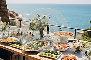 Catering buffet meal on a white long table in a modern restaurant by the sea