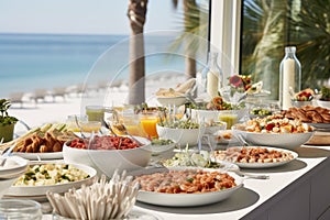 Catering buffet meal on a white long table in a modern restaurant by the sea