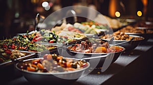 Catering buffet meals in the restaurant with meat, salads and vegetables, various delicious dishes in the hotel