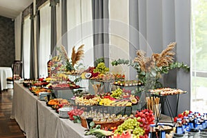 catering buffet table with snacks and appetizers. Set of varios fruits and berries. Decorative vase