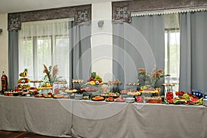 catering buffet table with snacks and appetizers. Set of varios fruits and berries. Decorative vase photo