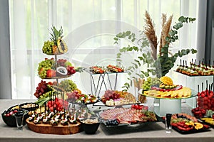 catering buffet table with snacks and appetizers. Set of varios fruits and berries. Decorative vase photo