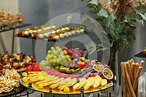 Catering buffet table with snacks and appetizers. Set of varios fruits and berries. Decorative vase photo